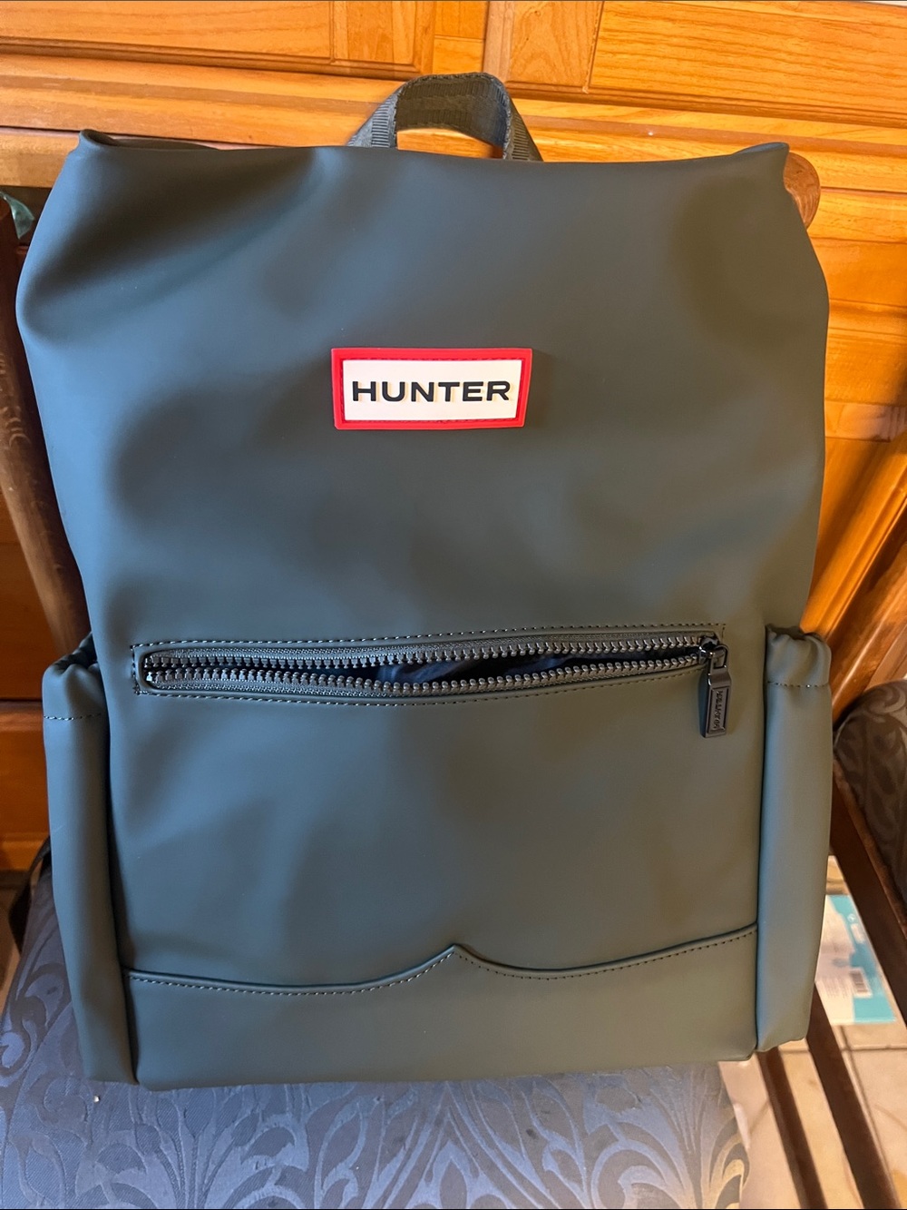 Hunter Matte Olive Green Roll-Top Backpack with Front Zip